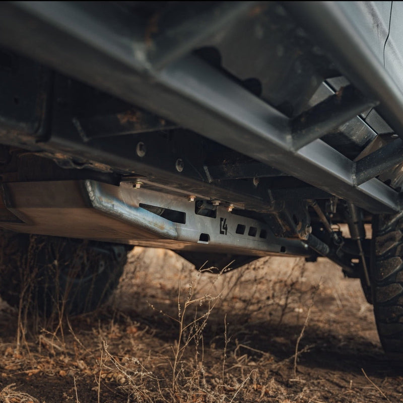 view of C4 Fabrication fuel tank skid plate on a 5th Gen 4Runner