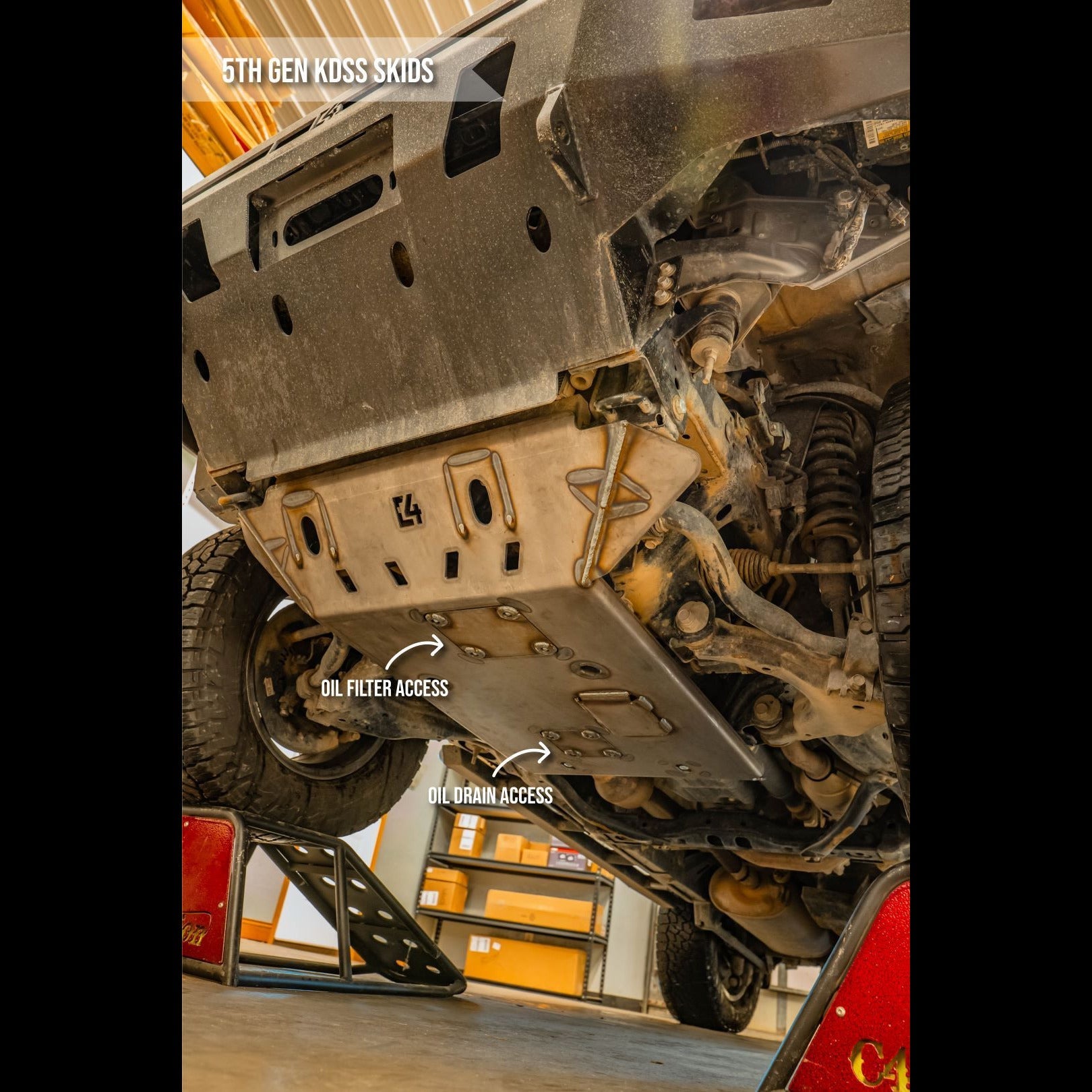 view of oil filter and oil drain access on a C4 Fabrication 4Runner front skid plate 